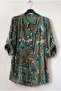 Italian Green Judge Collar 3/4 Sleeve Shawl Patterned Casual Linen Look Woven Blouse 75 64 - 2