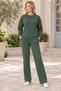 Women's Round Neck Long Sleeve Off Shoulder Woven Detailed Slit Pocket Stylish Casual Green Sweatshirt Trousers Two-Piece Set