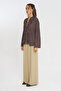 Women's V-Neck Ruffled Patterned Brown Shirt - 2