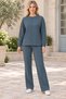 Women's Round Neck Long Sleeve Off Shoulder Woven Detailed Slit Pocket Stylish Casual Anthracite Sweatshirt Trousers Two-Piece Set