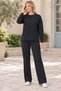 Women's Round Neck Long Sleeve Off Shoulder Woven Detailed Slit Pocket Stylish Casual Black Sweatshirt Trousers Two Piece Set