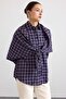 Plaid Shirt with Detachable Shawl Detail Dark Blue 9478 - 2