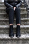 Women's Thick Heeled Round Toe Zippered Ankle Boots with Logo Detail - Elisa - Black Suede - 4