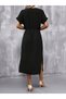 Women's short sleeve open collar waist tie-up Slit viscose dress - 4