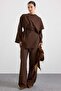 Shoulder Shawl Detailed Pants Blouse Double Set Brown 9485-Tk