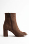Women's Thick Heeled Round Toe Zippered Flat Ankle Boots - Luvia - Brown Suede - 3