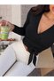 Black Double-Breasted V-Neck Belted Long Sleeve Blouse, Black Double-Breasted Belted Crop Blouse - 5