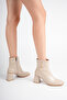 Women's Beige 7cm Thick Heeled Boots & Booties with Gold Accessories and Zipper - 5