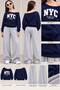 Girl's Navy Blue Boat Neck Nyc Printed Sweatshirt-Grey Wide Leg Sweatpants Set