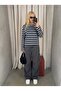 Women's Navy Blue Striped Crew Neck Long Sleeve Oversize T-Shirt – 100% Cotton - 6