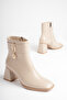 Women's Beige 7cm Thick Heeled Boots & Booties with Gold Accessories and Zipper - 7