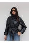 Belted Stand Collar Leather Jacket - 4