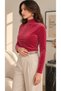 Women's Pink Color Velvet Fabric Stand Collar Long Sleeve Basic Blouse - 7