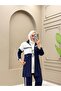 Women's 3-Piece Set Long Jacket T-Shirt Trousers Double Crepe Relaxed Fit Daily Hijab Set N-05553 _ Navy Blue - 2