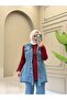 Women's 3-Piece Denim Set – Modern Hijab Casual Combination with Buttoned Pockets N-05542 _ Burgundy - 2