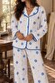 White Evil Eye Beaded Patterned Long Sleeve Buttoned Pajama Set - 4