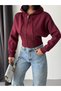 Women's Burgundy Corset Detailed Zippered Hooded Crop Sweatshirt Get26224