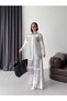 Women's Ecru Chokella Fabric Geometric Striped Shirt Trousers Double Set Jen26128 - 3