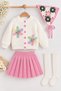 Baby Girl 4-Piece Knitwear Set Floral Decorated Cardigan Pleated Skirt Bandana Socks - 3