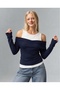 Women's Navy Blue Athlete-Look Off-Shoulder Draped Long Sleeve Soft Blouse - 100% Cotton - 5