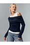 Women's Navy Blue Athlete-Look Off-Shoulder Draped Long Sleeve Soft Blouse - 100% Cotton