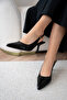 Punch Laser Cut Women's Heeled Shoes - Black Shiny - 2