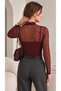 Women's Burgundy Polka Dot Patterned Flocked Tulle Printed Button Detailed High Collar Long Sleeve Blouse - 7