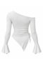 Women's White One-Shoulder Asymmetrical Collar Draped Side-Tie Long Spanish Sleeve Blouse 100% Cotton - 7