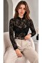 Women's Black Floral Patterned Flocked Tulle Printed Button Detailed High Collar Long Sleeve Blouse - 7