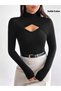 Women's Black High Neck Window-Cut Long Sleeve Flexible Fit Blouse
