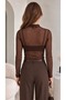 Women's Brown Line Patterned Flock Printed Long Sleeve Button Detailed Trendy Blouse - 8