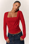 Square Neck Gathered Red Long Sleeve Blouse - 3