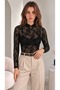 Women's Black Floral Patterned Flocked Tulle Printed Button Detailed High Collar Long Sleeve Blouse - 2
