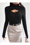 Women's Black High Neck Window-Cut Long Sleeve Flexible Fit Blouse - 3
