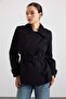 Short Trench Coat with Epaulettes and Cape Detail, Water-Repellent, Black 6910 - 6