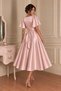 Women's Powder Pink Satin Dress – V-Neck Short Sleeve Flared Cut Midi Event Dress - 3