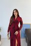 Women's Burgundy Floral Patterned Flock Printed Glittery Double Breasted Collar Long Sleeve Tulle Evening Dress - 3