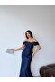 Navy Blue Off-Shoulder Bustier Detailed Lace Long Evening Dress - 4