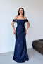 Navy Blue Off-Shoulder Bustier Detailed Lace Long Evening Dress