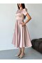 Powder Balloon Sleeve Slim Belted Midi Satin Evening Dress - 5