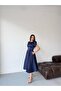 Navy Blue Balloon Sleeve Slim Belted Midi Satin Evening Dress - 4