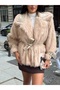 Imported Fabric, Lined Premium Fur Coat with Sleeves and Belted Leather Belt Included - 2