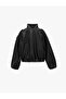 High Collar Raglan Sleeve Long Faux Leather Jacket with Snap Fasteners - 6