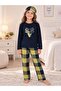 Girl's Cotton Winter Fleece Pajama Set with Sleep Band, Deer Pattern, Navy Blue Color