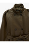 Belted Pocketed Stand Collar Long Sleeve Double Breasted Faux Leather Jacket - 7