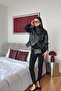 Black Collar Belt Detailed Leather Jacket - 5