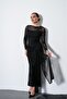 Women's Black Front Tie Boat Neck Long Sleeve Tulle Dress