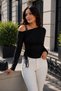 Women's Asymmetric Collar with Ruffle Detail, Open Shoulder, Ruched, Stretchy Knitted Fabric Blouse - 3
