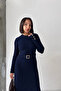Women's Navy Blue Stylish Belted and Cuff Button Detailed Long Knit Dress - 3