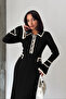 Women's Black Polo Collar Buttoned Soft Ribbed Fabric Long Knit Dress - 3